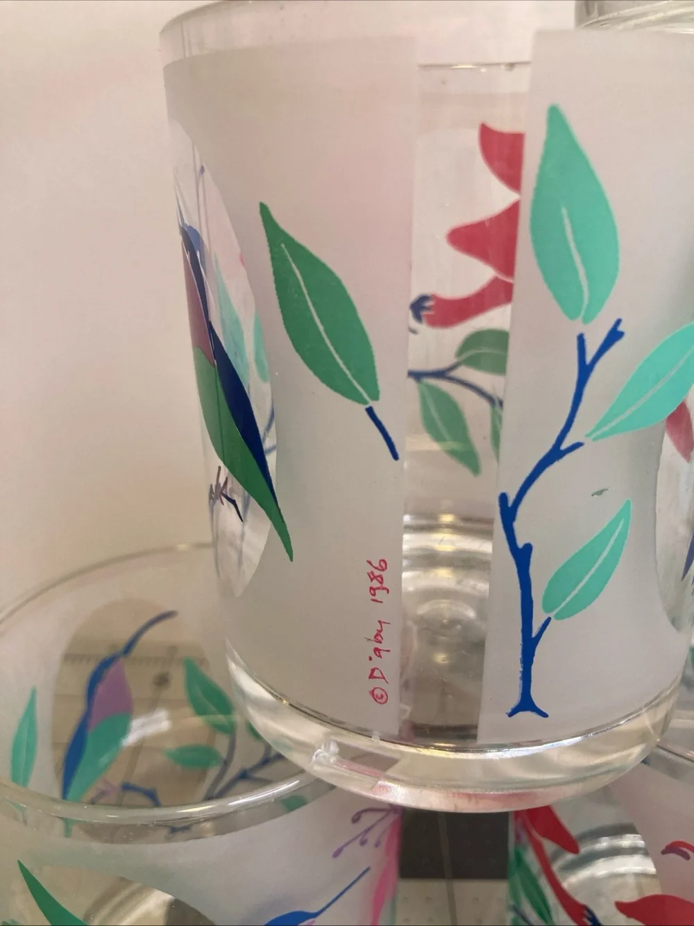 6-Vintage H. J. STOTTER Hummingbirds Floral Acrylic Tumblers Glasses USA MCM